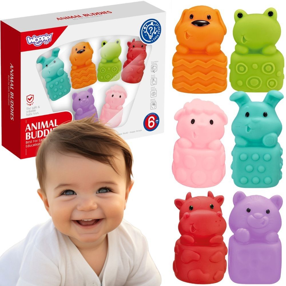 Minkštų sensorinių žaislinių gyvūnėlių rinkinys WOOPIE BABY 6 vnt
