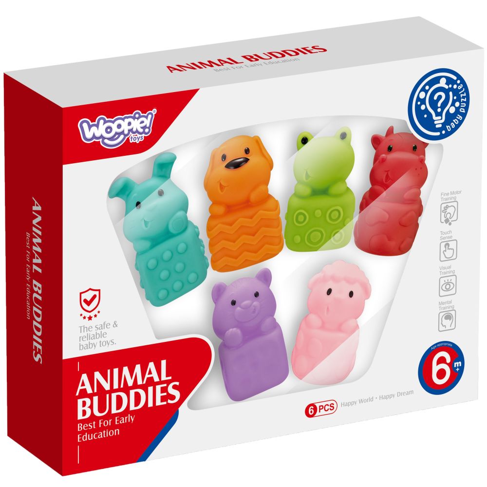 Minkštų sensorinių žaislinių gyvūnėlių rinkinys WOOPIE BABY 6 vnt