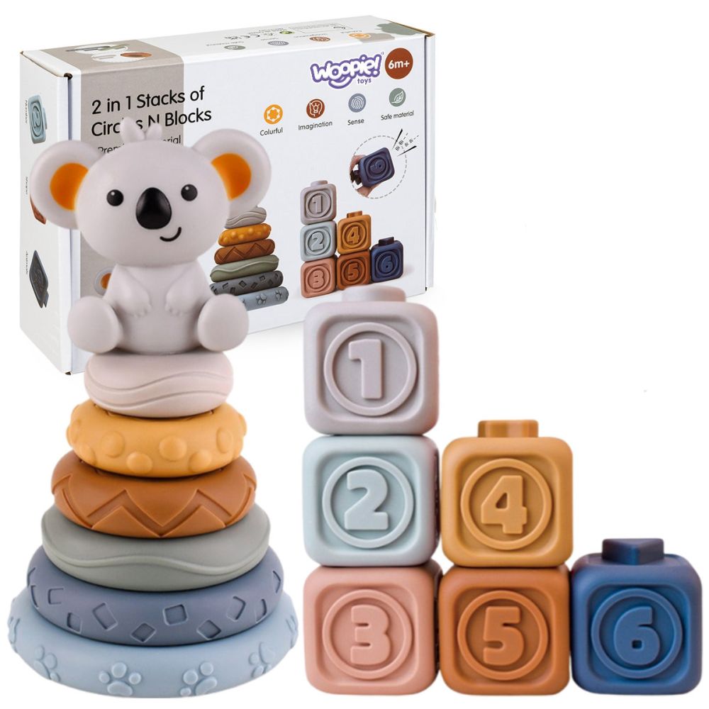 Mokomoji piramidė - kramtukų rinkinys WOOPIE BABY Koala + minkšti sensoriniai blokeliai