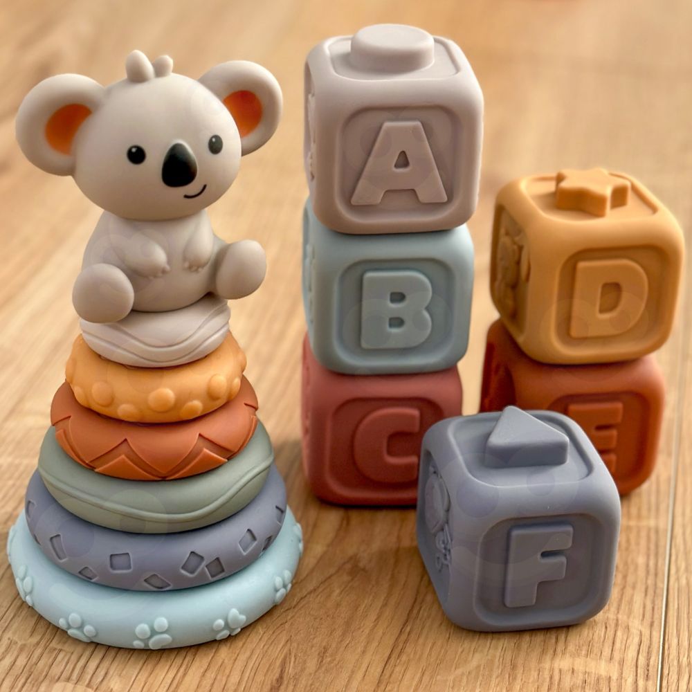 Mokomoji piramidė - kramtukų rinkinys WOOPIE BABY Koala + minkšti sensoriniai blokeliai