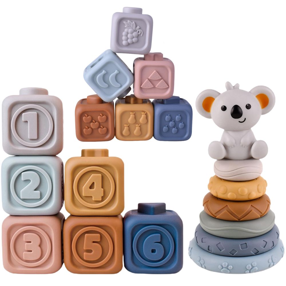 Mokomoji piramidė - kramtukų rinkinys WOOPIE BABY Koala + minkšti sensoriniai blokeliai