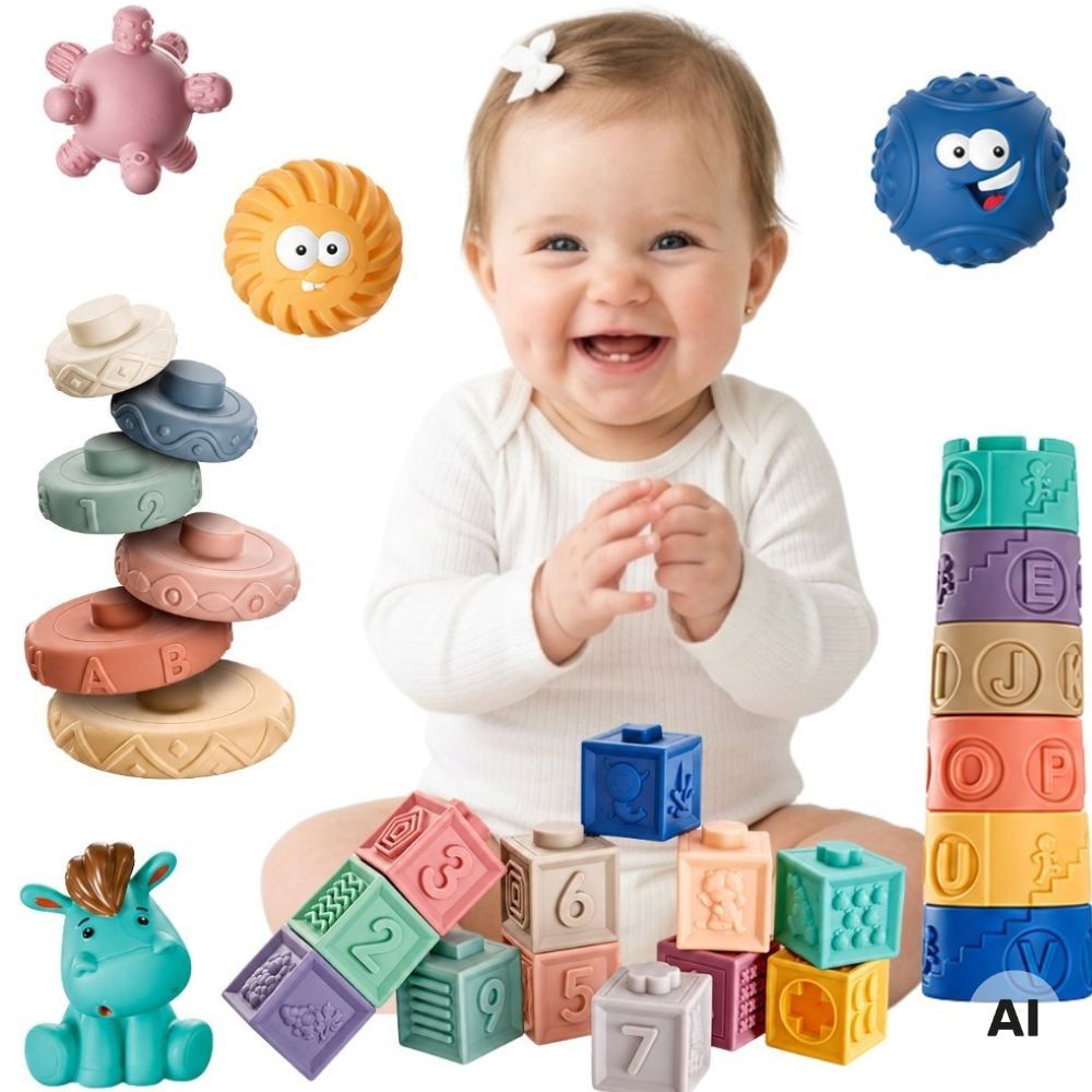 Minkštų sensorinių kaladėlių rinkinys WOOPIE BABY 27 vnt