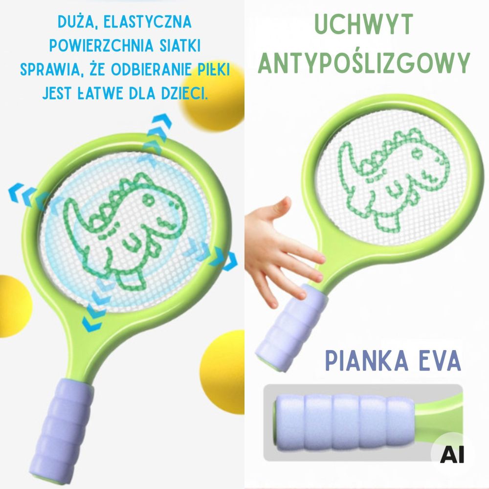 Badmintono ir teniso raketės WOOPIE su putplasčio kamuoliuku ir dinozauro formos plunksnele