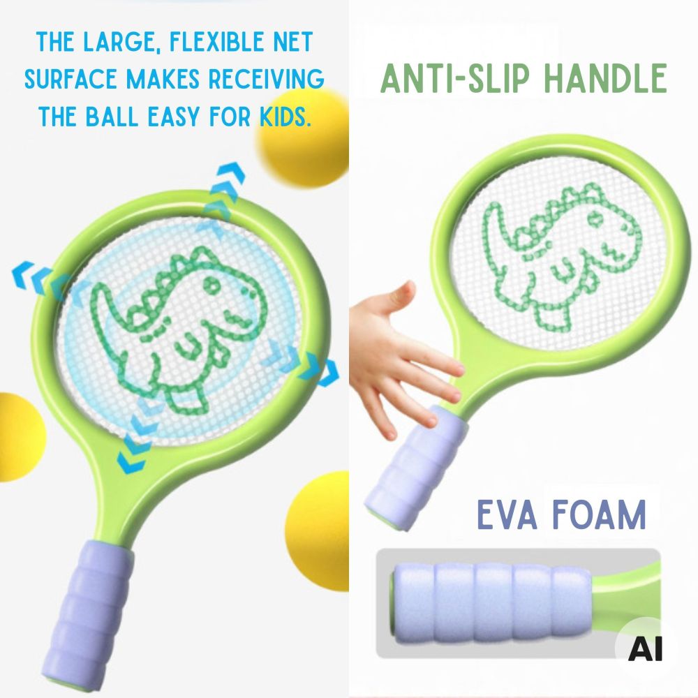 Badmintono ir teniso raketės WOOPIE su putplasčio kamuoliuku ir dinozauro formos plunksnele
