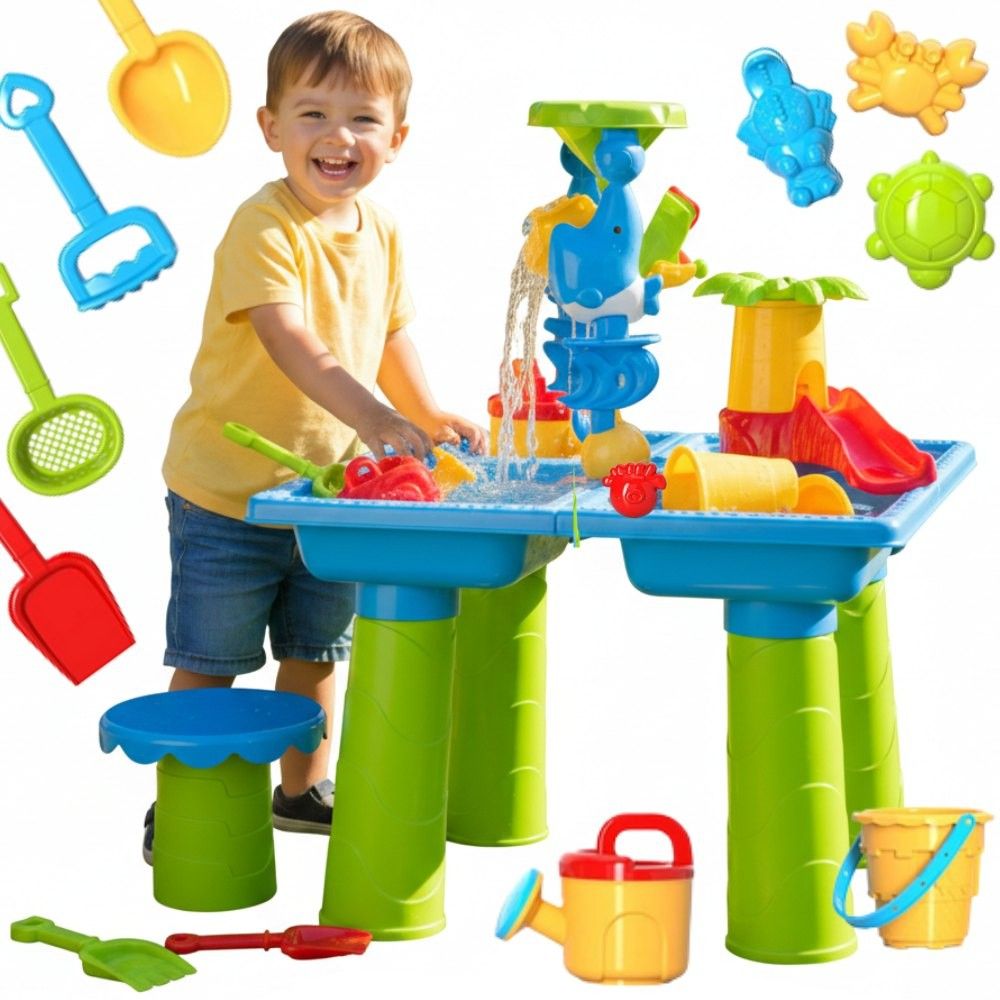 Vandens stalas WOOPIE 2-in-1 smėlio dėžė su kėdute XL Aquapark su 4 baseinais ir 13 priedų