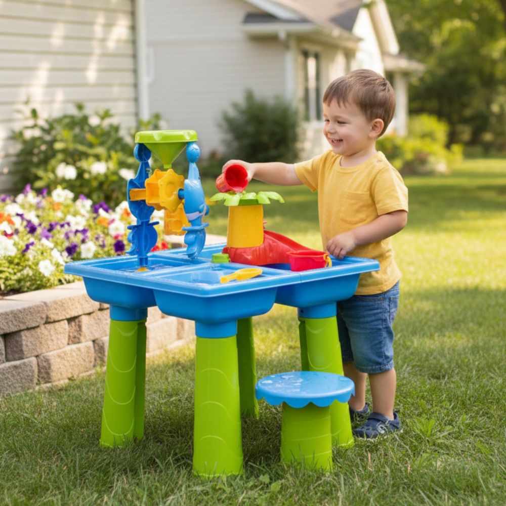 Vandens stalas WOOPIE 2-in-1 smėlio dėžė su kėdute XL Aquapark su 4 baseinais ir 13 priedų
