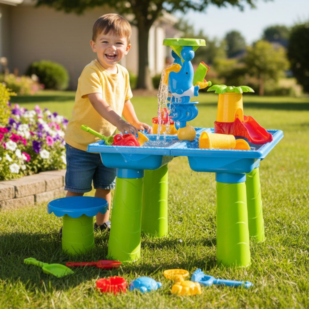 Vandens stalas WOOPIE 2-in-1 smėlio dėžė su kėdute XL Aquapark su 4 baseinais ir 13 priedų