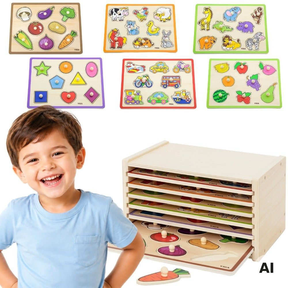VIGA Wooden Puzzle with Handles and Shelf 7 pcs. 