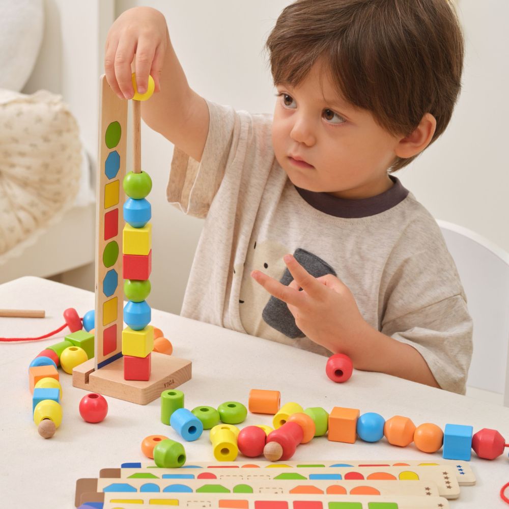 VIGA Wooden Beads for Stringing Sequencing Patterns 64 pcs 3+ 
