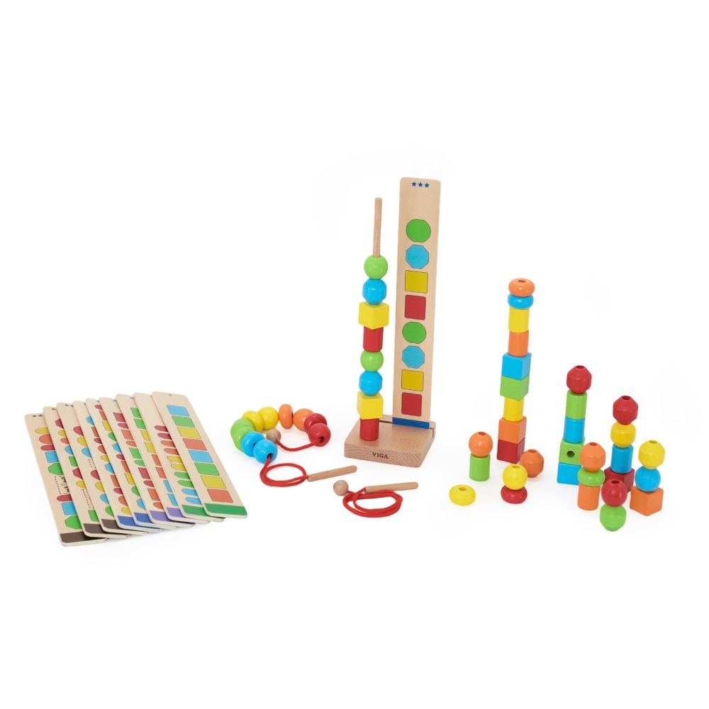 VIGA Wooden Beads for Stringing Sequencing Patterns 64 pcs 3+ 