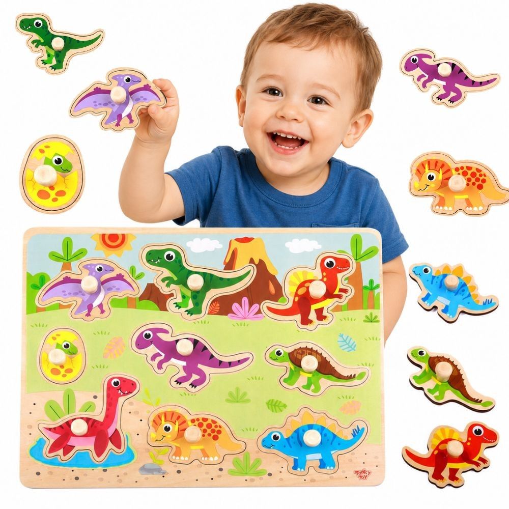 Medinė dėlionė TOOKY TOY Montessori Dinozaurai
