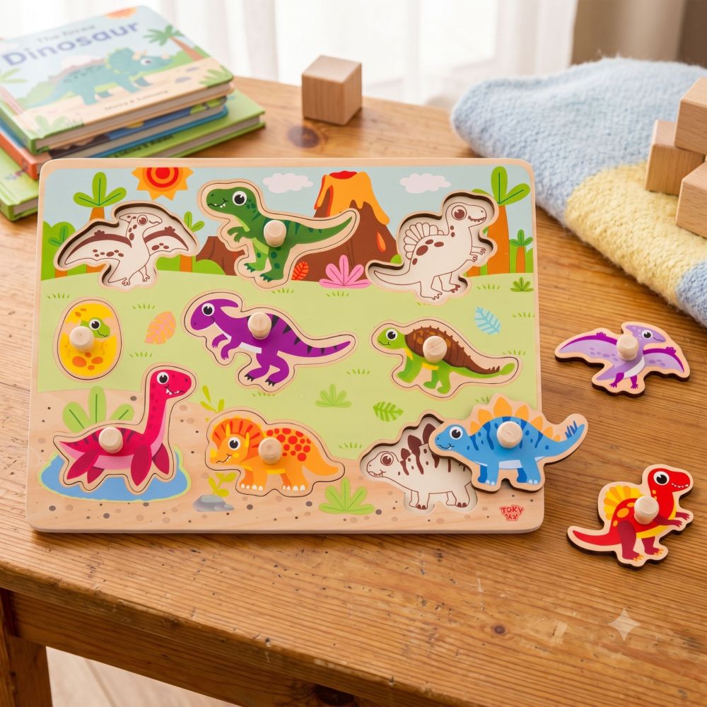 Medinė dėlionė TOOKY TOY Montessori Dinozaurai