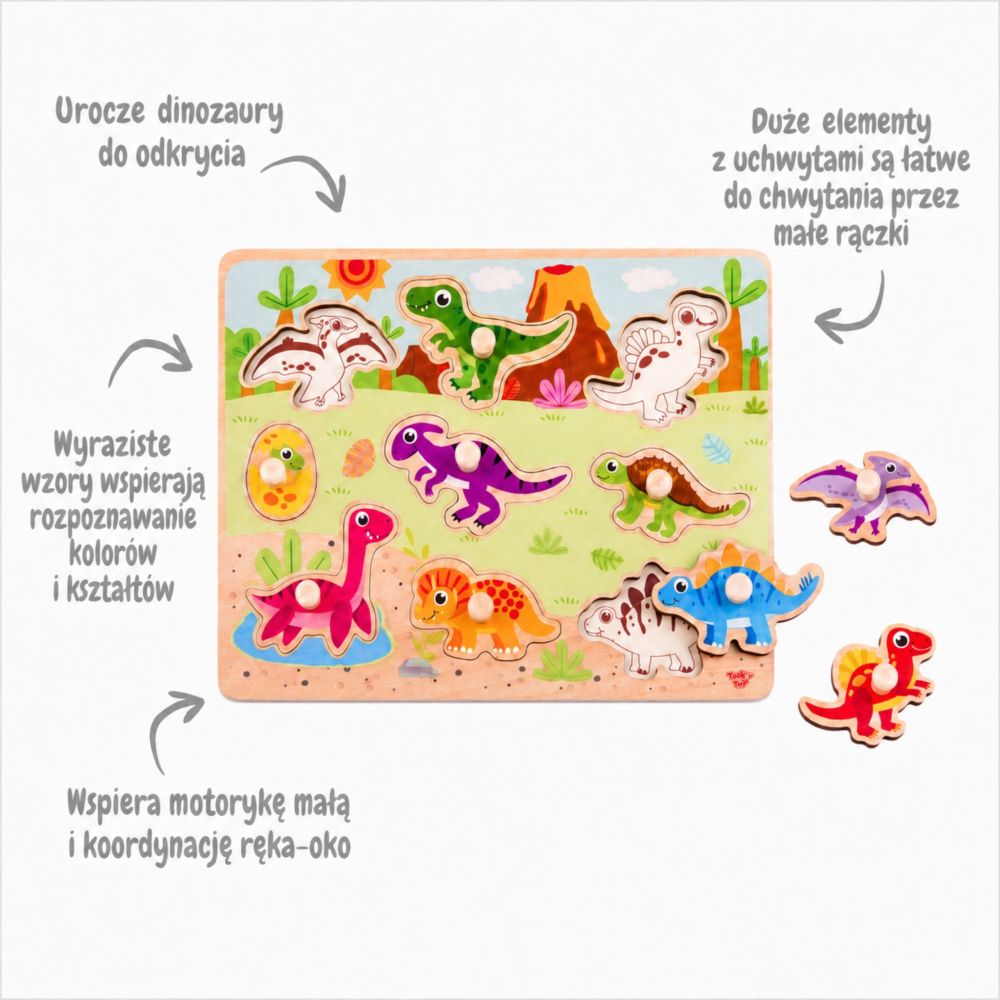 Medinė dėlionė TOOKY TOY Montessori Dinozaurai