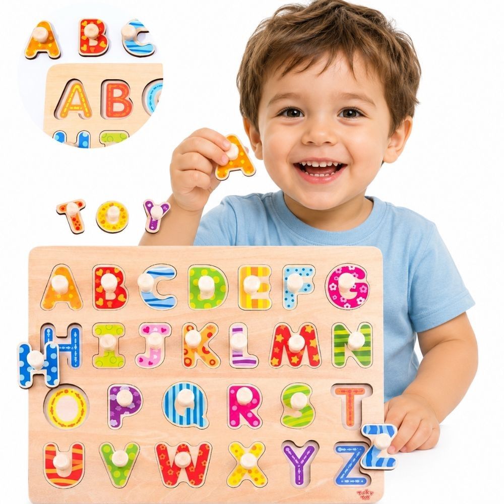 Medinė dėlionė TOOKY TOY Montessori abėcėlė su rankenėlėmis