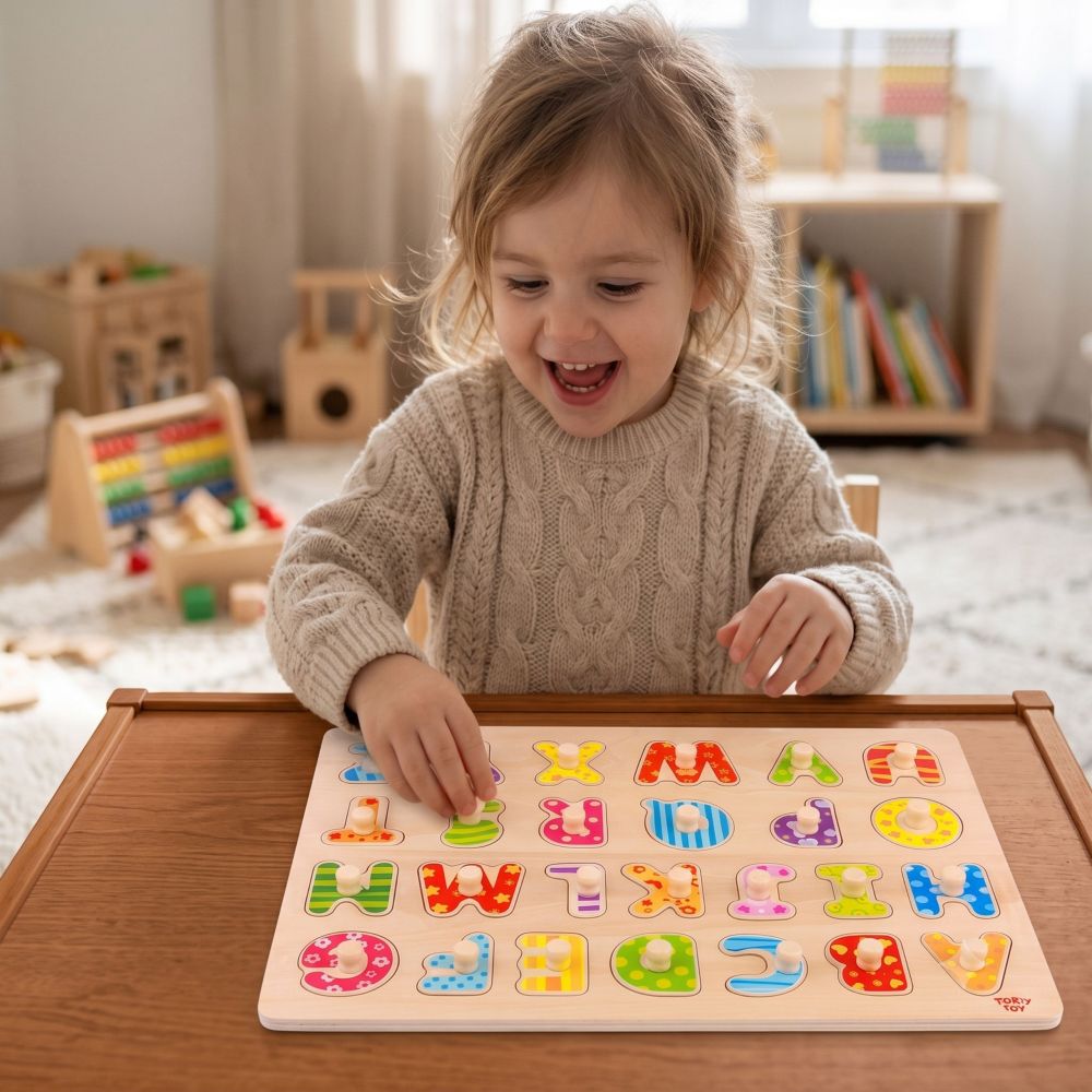 Medinė dėlionė TOOKY TOY Montessori abėcėlė su rankenėlėmis