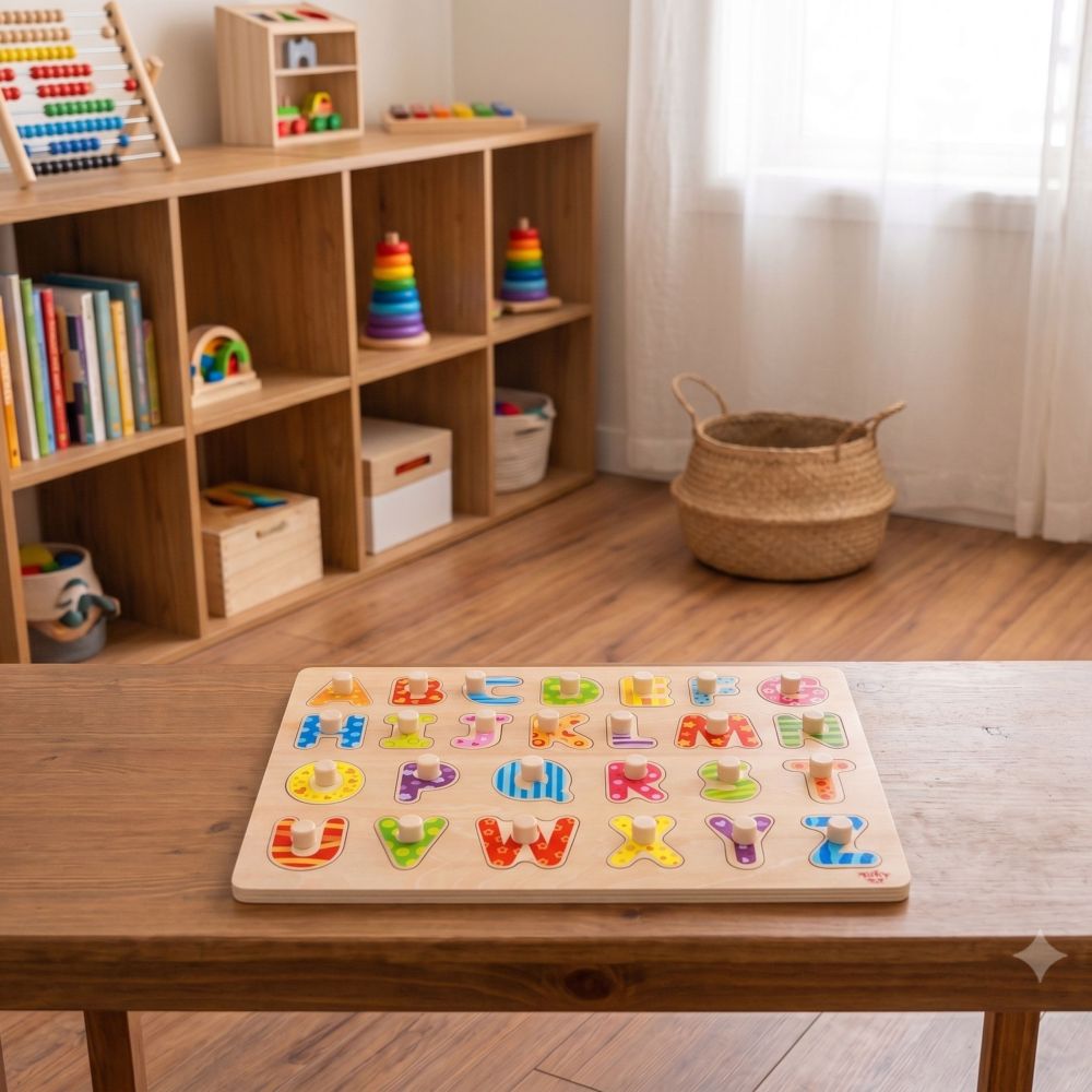 Medinė dėlionė TOOKY TOY Montessori abėcėlė su rankenėlėmis