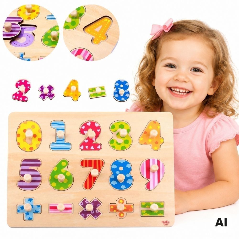 TOOKY TOY Wooden Puzzle Learning to Count Puzzle with Pins Numbers 