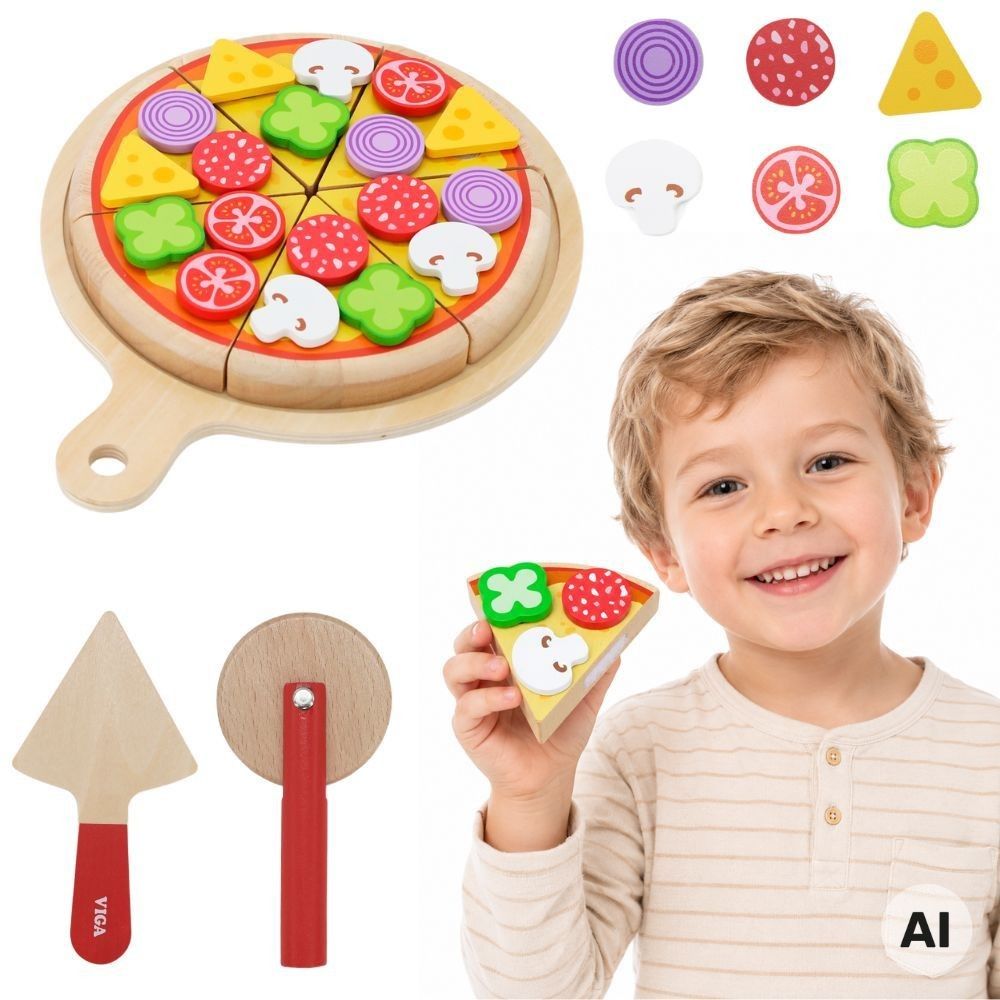 VIGA Wooden Pizza Slicer Kitchen Set 27 Pieces for Children 18M+ 