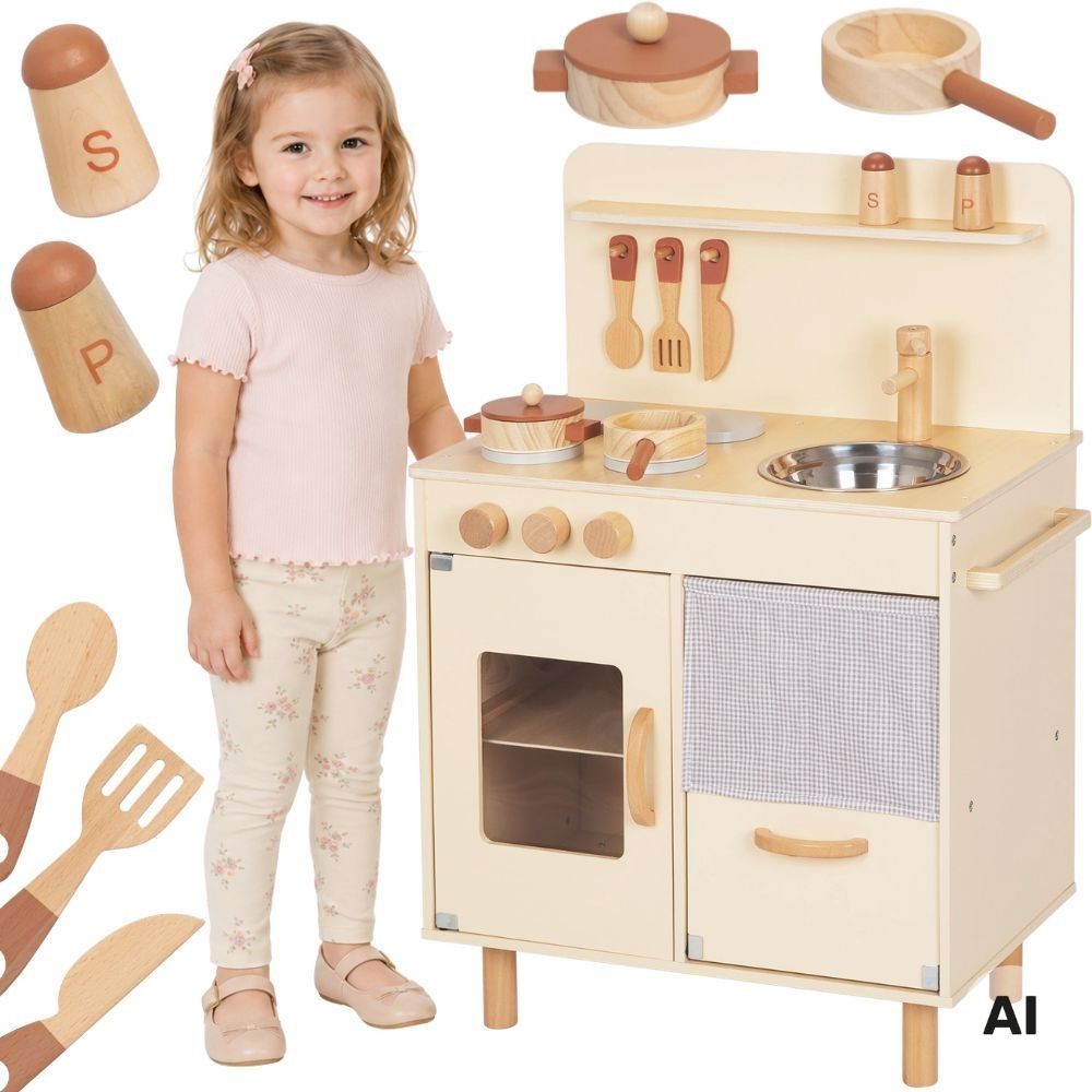 TOOKY TOY Wooden Beige Kitchen with Accessories 