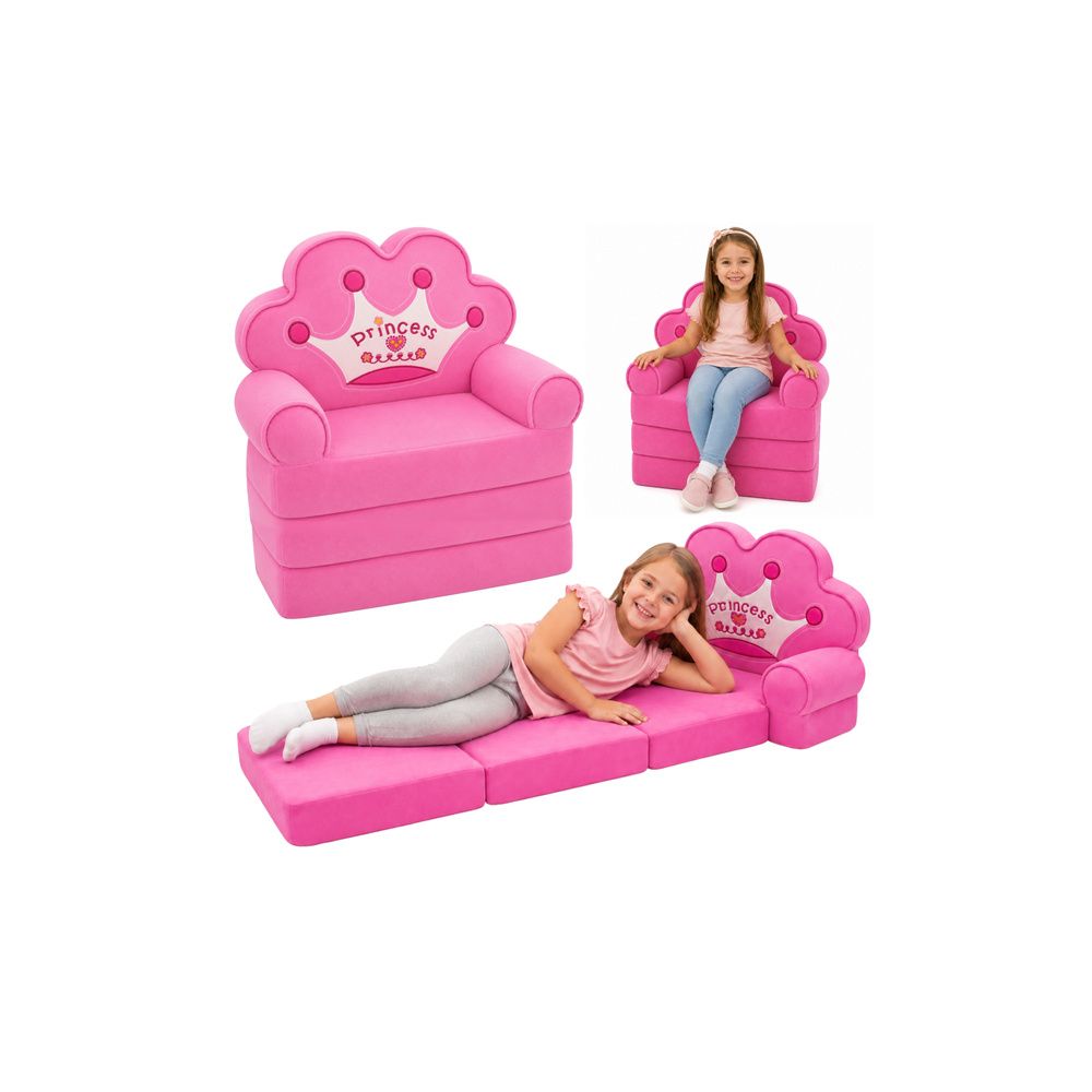 Rozkładany Fotel Sofa Leżanka z Koroną 2W1 Dla Dzieci Miękki Różowy
