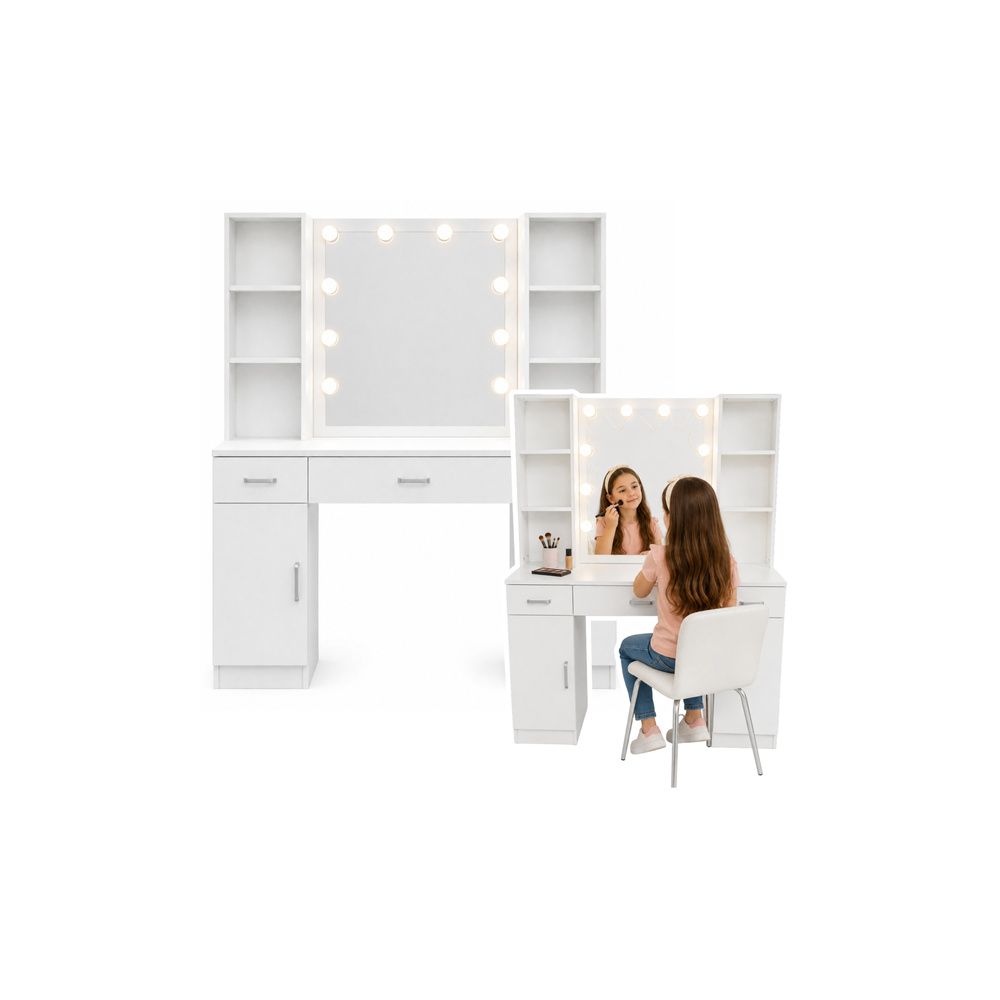 Duża Toaletka Kosmetyczna z Lustrem LED Szafki Szuflady Biała 141x114x39 cm