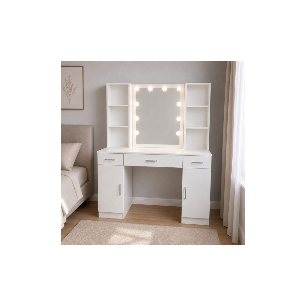 Duża Toaletka Kosmetyczna z Lustrem LED Szafki Szuflady Biała 141x114x39 cm