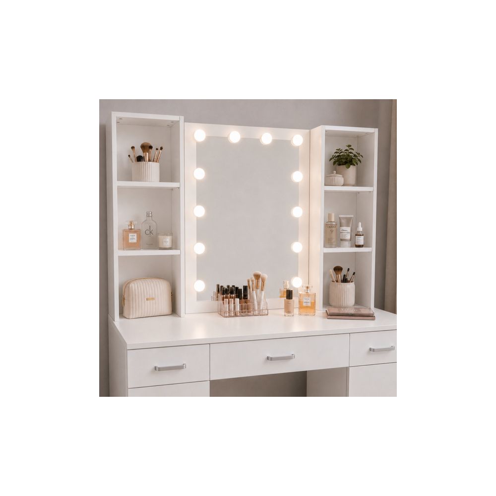 Duża Toaletka Kosmetyczna z Lustrem LED Szafki Szuflady Biała 141x114x39 cm