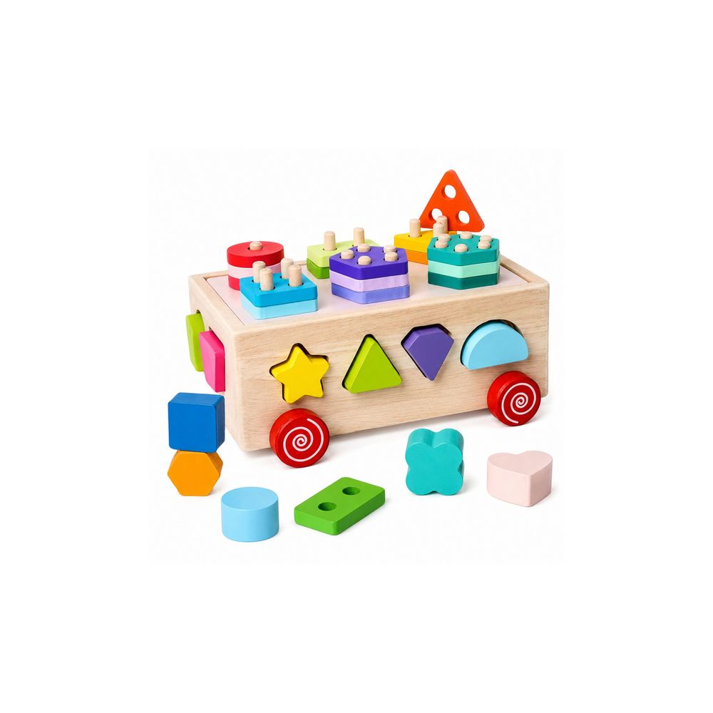 Drewniany Sorter Edukacyjny Na Kółkach Montessori Układanka Kształty Liczby