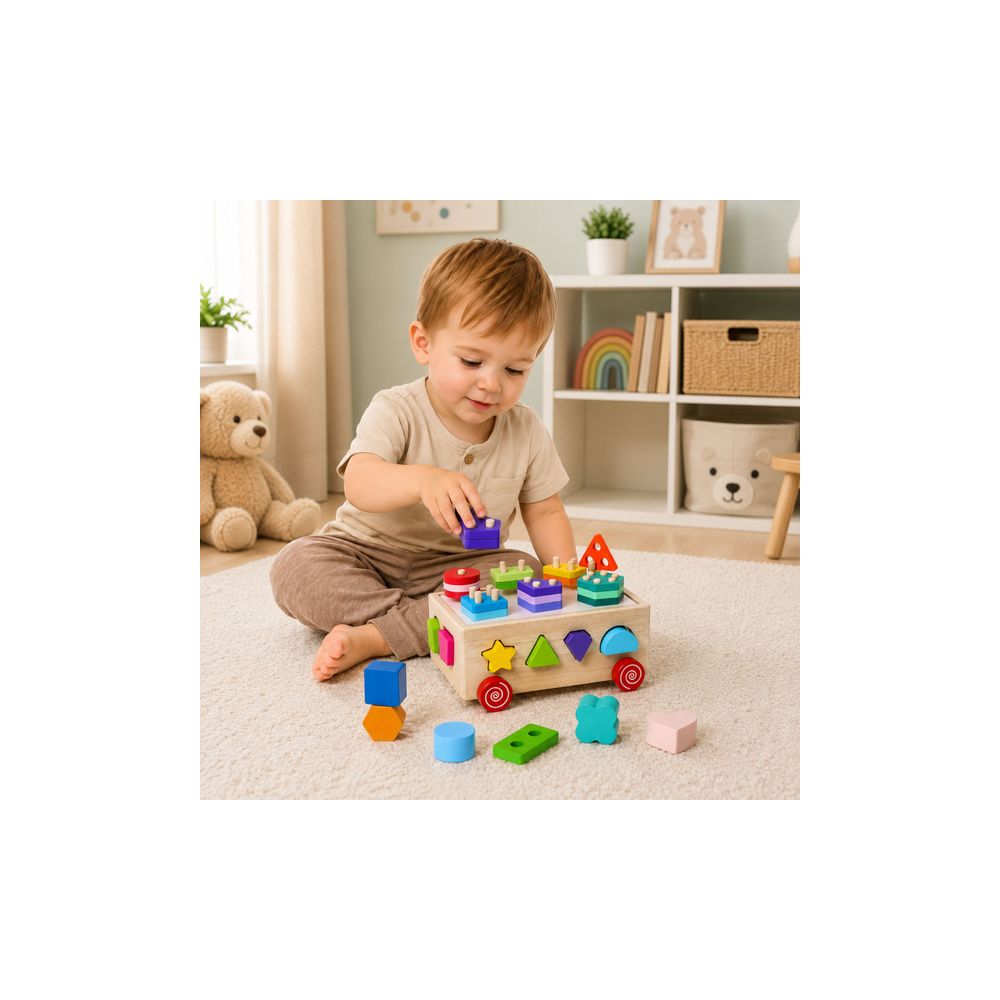Drewniany Sorter Edukacyjny Na Kółkach Montessori Układanka Kształty Liczby