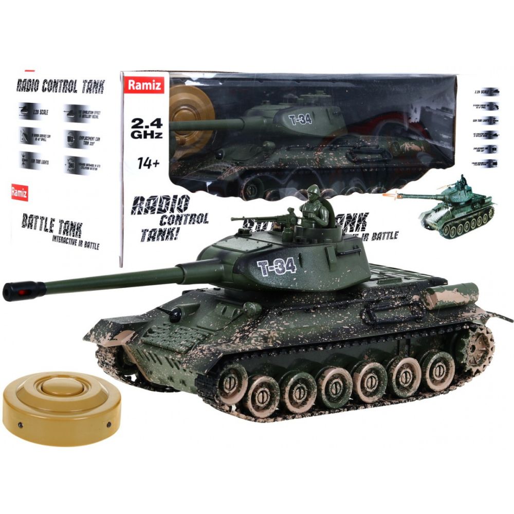 Zdalnie sterowany czołg T-34 dla dzieci 3+ Strzelający model Kamuflaż 1:28 + Wielka Bitwa Czołgów + Dźwięki Światła