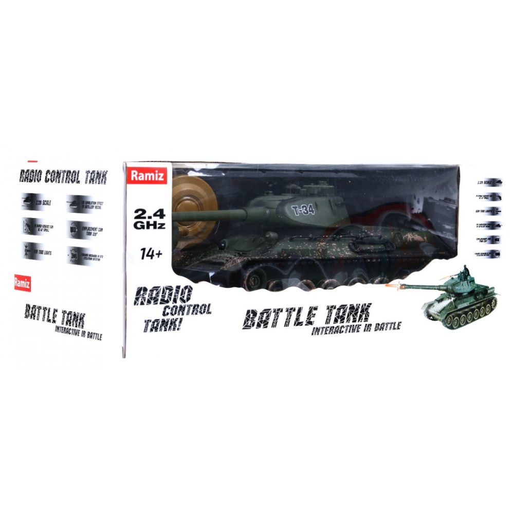 Zdalnie sterowany czołg T-34 dla dzieci 3+ Strzelający model Kamuflaż 1:28 + Wielka Bitwa Czołgów + Dźwięki Światła