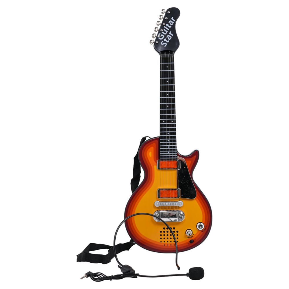 Elektryczna Gitara dla dzieci 3+ czerwone drewno + Słuchawki z mikrofonem + Dźwięki Światła