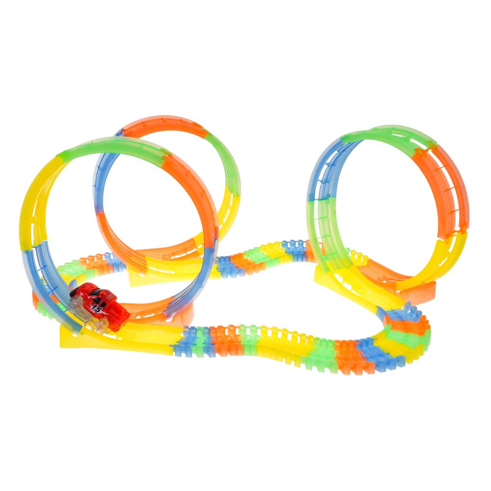 Fluorescencyjny Tor Wyścigowy dla dzieci 3+ Elastyczne części 148 el. + Autko z LED + 3 Pętle 360