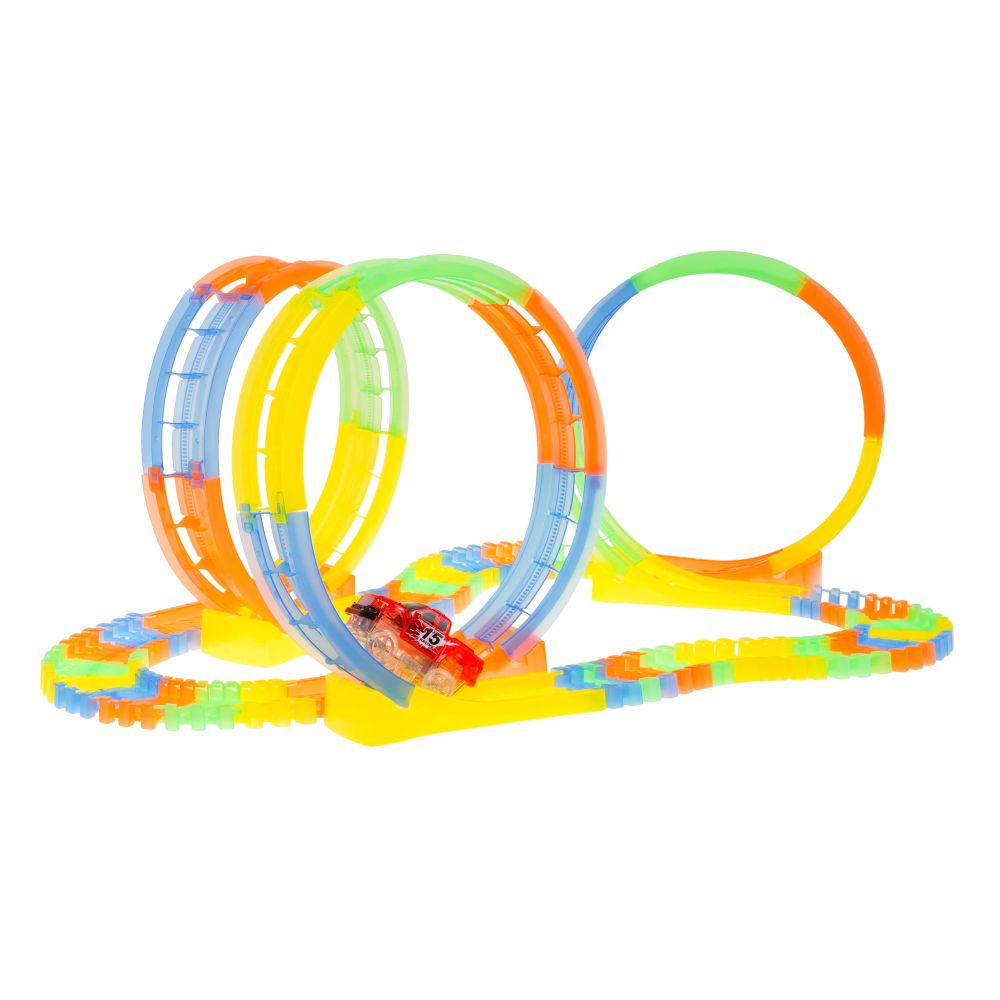 Fluorescencyjny Tor Wyścigowy dla dzieci 3+ Elastyczne części 148 el. + Autko z LED + 3 Pętle 360