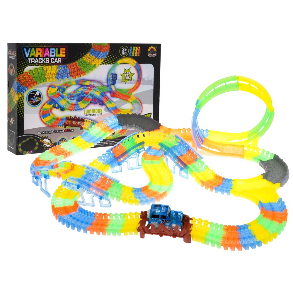 Tor Wyścigowy Fluorescencyjny 446 cm dla dzieci 3+ Pętla + Autko z LED + Akcesoria 227 el.