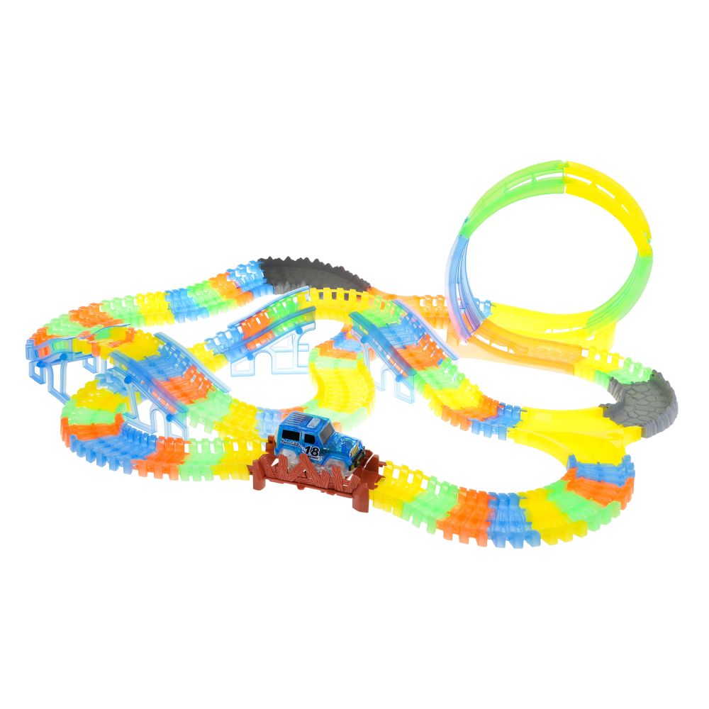 Tor Wyścigowy Fluorescencyjny 446 cm dla dzieci 3+ Pętla + Autko z LED + Akcesoria 227 el.