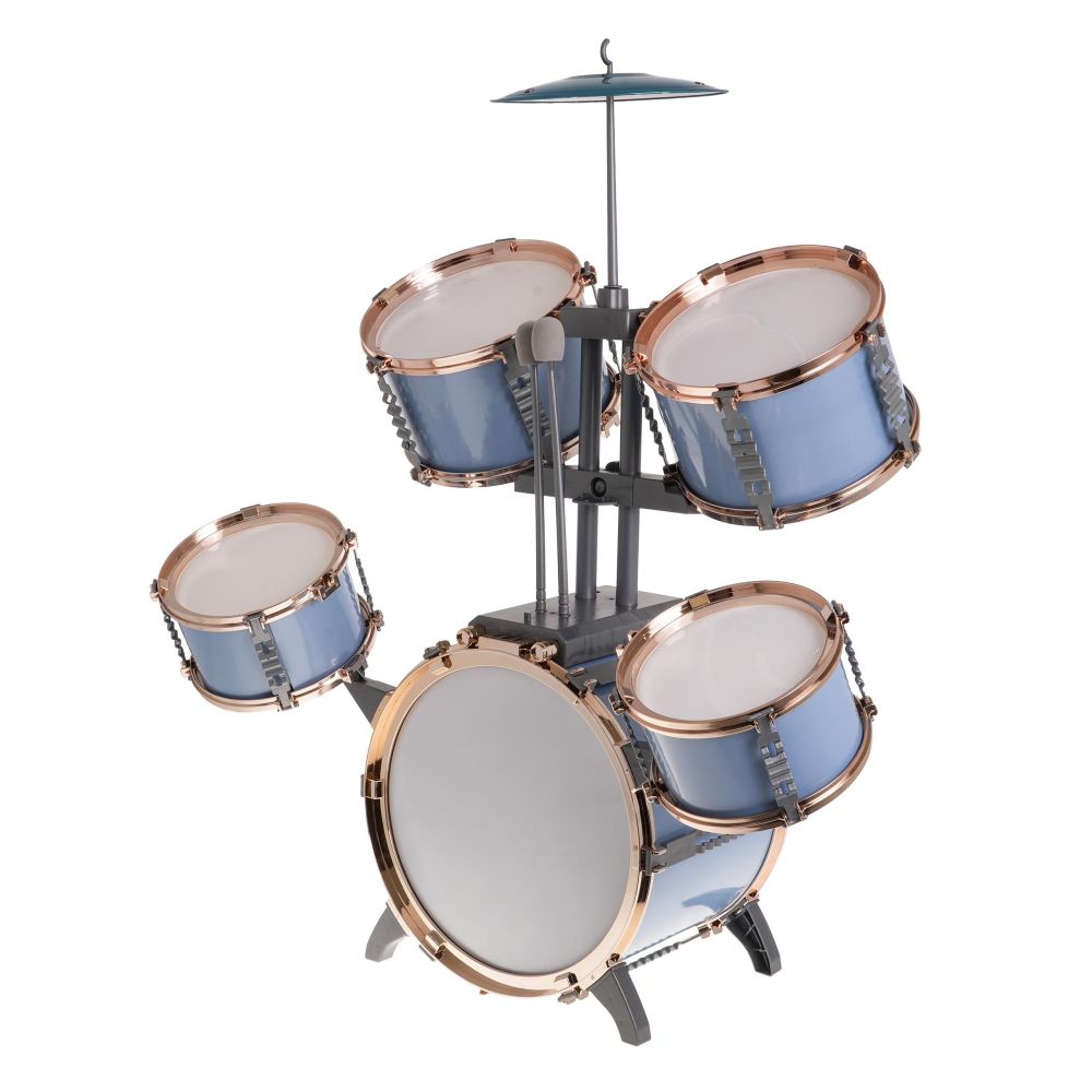 Duża Perkusja 5-bębnowa dla dzieci 3+ Błękitny + Metalowy talerz + 2 Pałki + Krzesełko