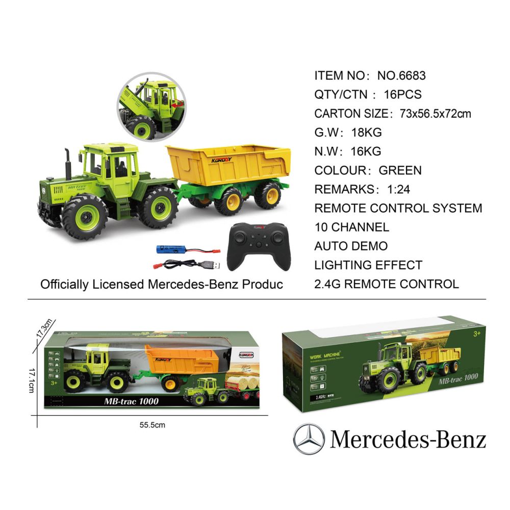 Traktor Zielony 1:24 z Pilotem Mercedes Benz + Żółta Przyczepa