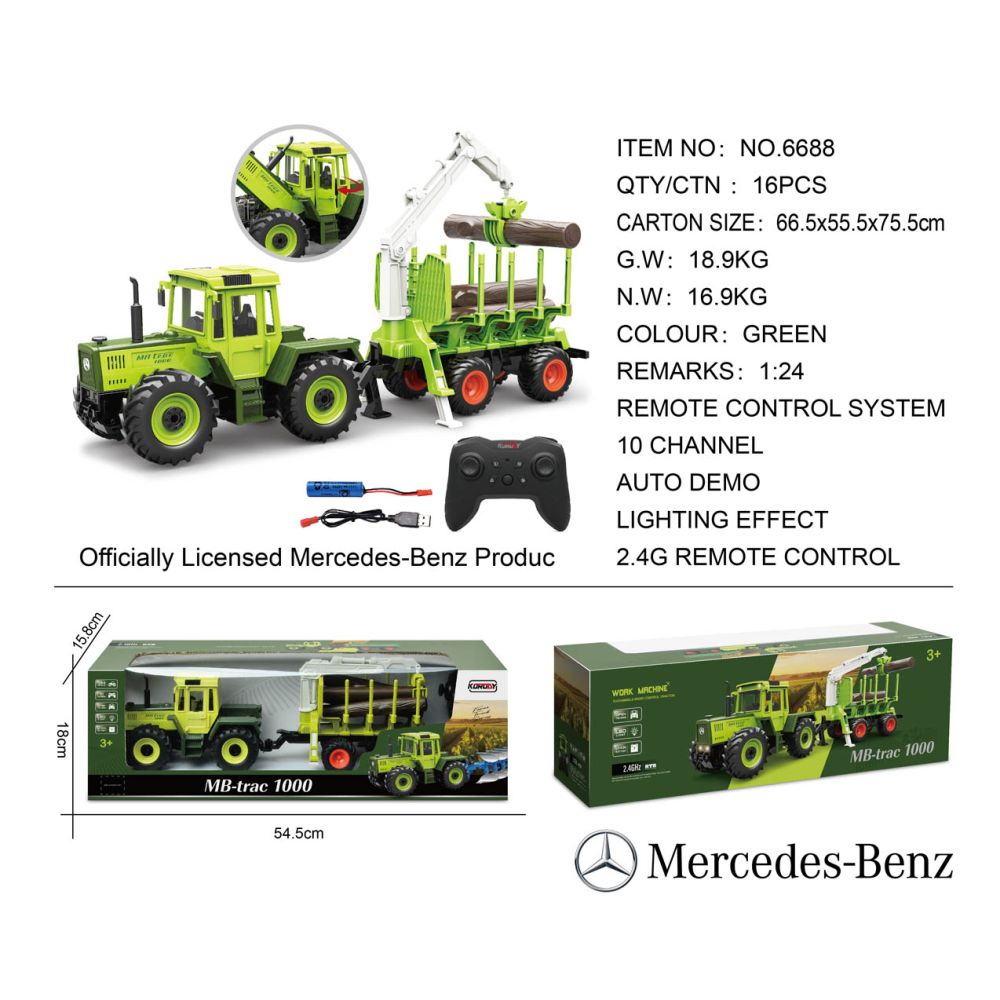 Traktor Zielony 1:24 z Pilotem Mercedes Benz + Przyczepa na Drewno z Dźwigiem