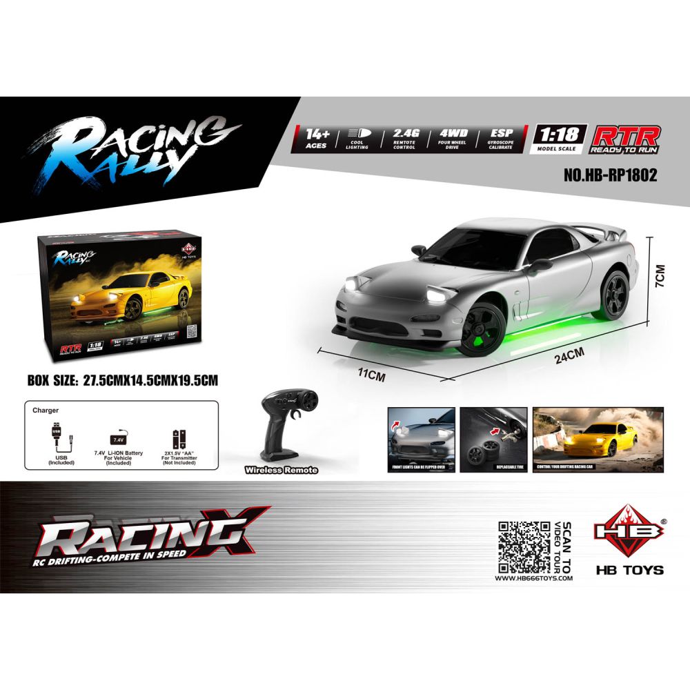 Auto R/C Do Driftu TurboSlide 1:18 z Podświetleniem Srebrne