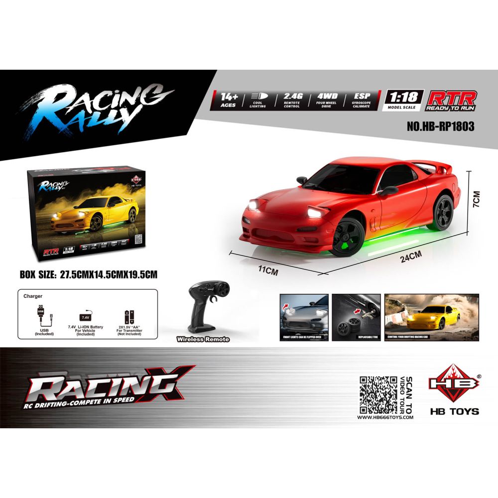 Auto R/C Do Driftu TurboSlide 1:18 z Podświetleniem Czerwone