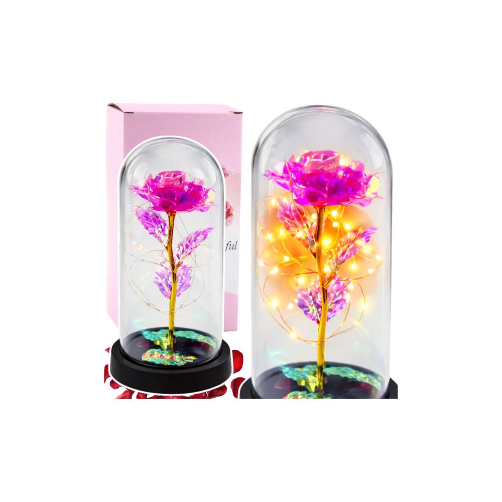 Wieczna Kryształowa Róża w Kopule z Oświetleniem LED Różowa 21x11cm