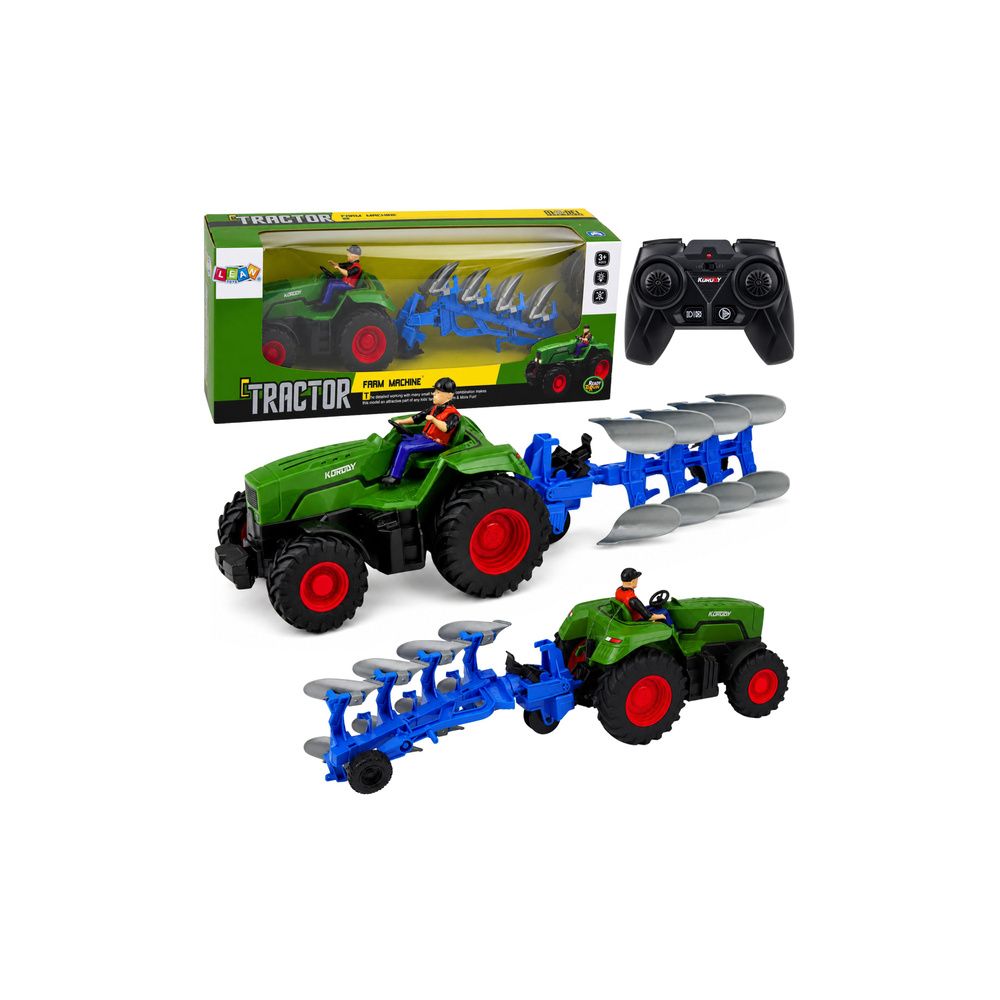 Traktor z Pługiem i Rolnikiem Zdalnie Sterowany RC Światła Zielony 1:24