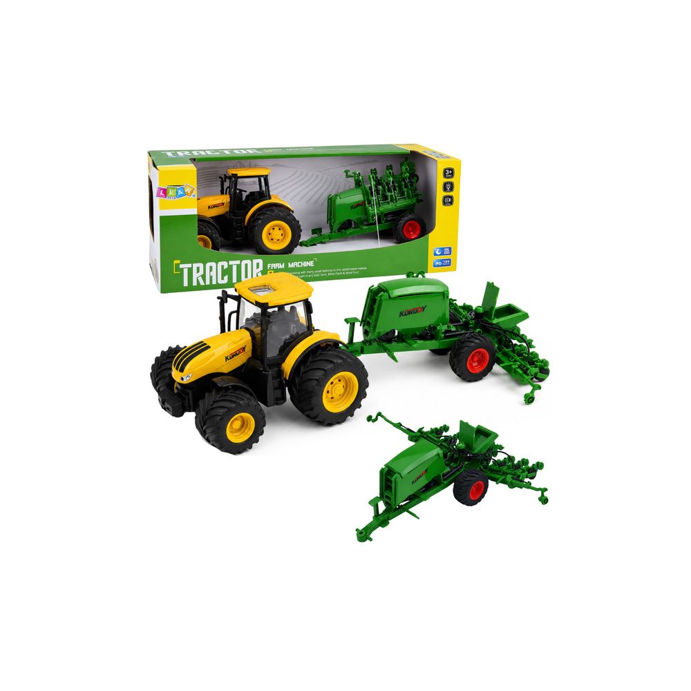 Traktor Rolniczy z Siewnikiem i Agregatem Światła Dźwięki Żółty 1:24