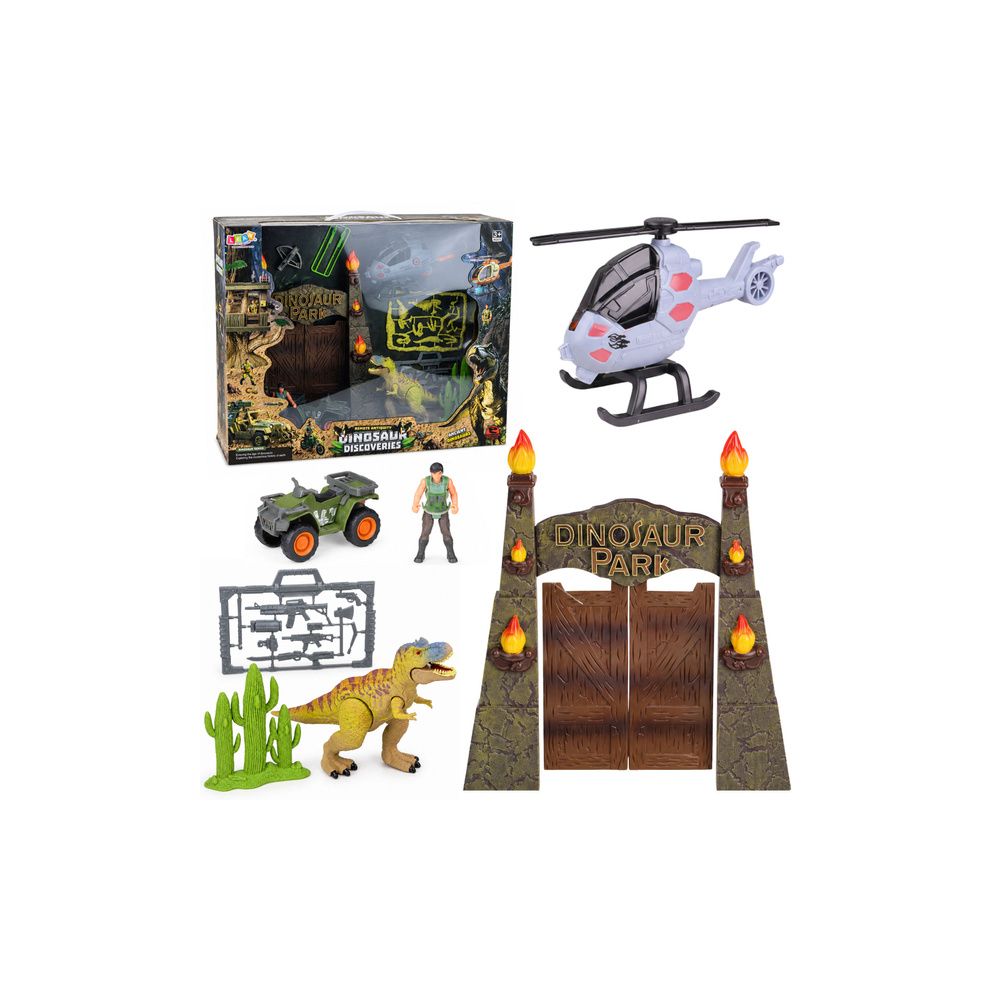 Baza Badawcza Park Dinozaurów Brama Helikopter Quad Figurki Odkrywca