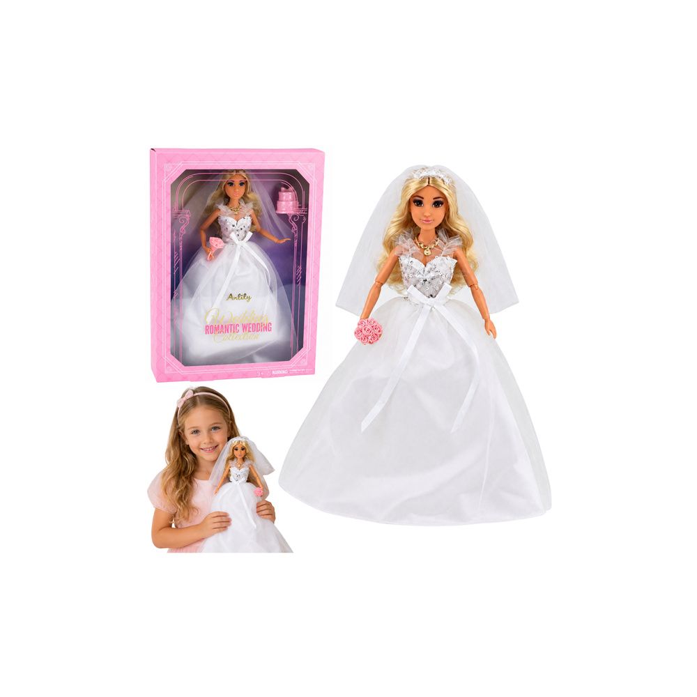 Lalka Anlily w Sukni Ślubnej Z Cekinami Panna Młoda Welon Bukiet Tort