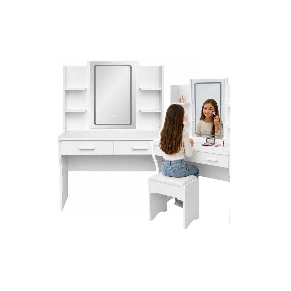 Toaletka Kosmetyczna Z Lustrem LED Półki Szuflady Biała 140x80x40 cm