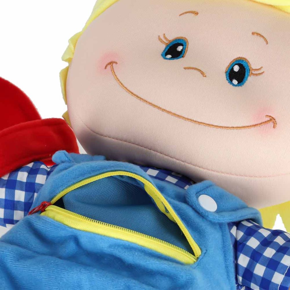 Pliušinė edukacinė lėlė berniukas mokytis apsirengti