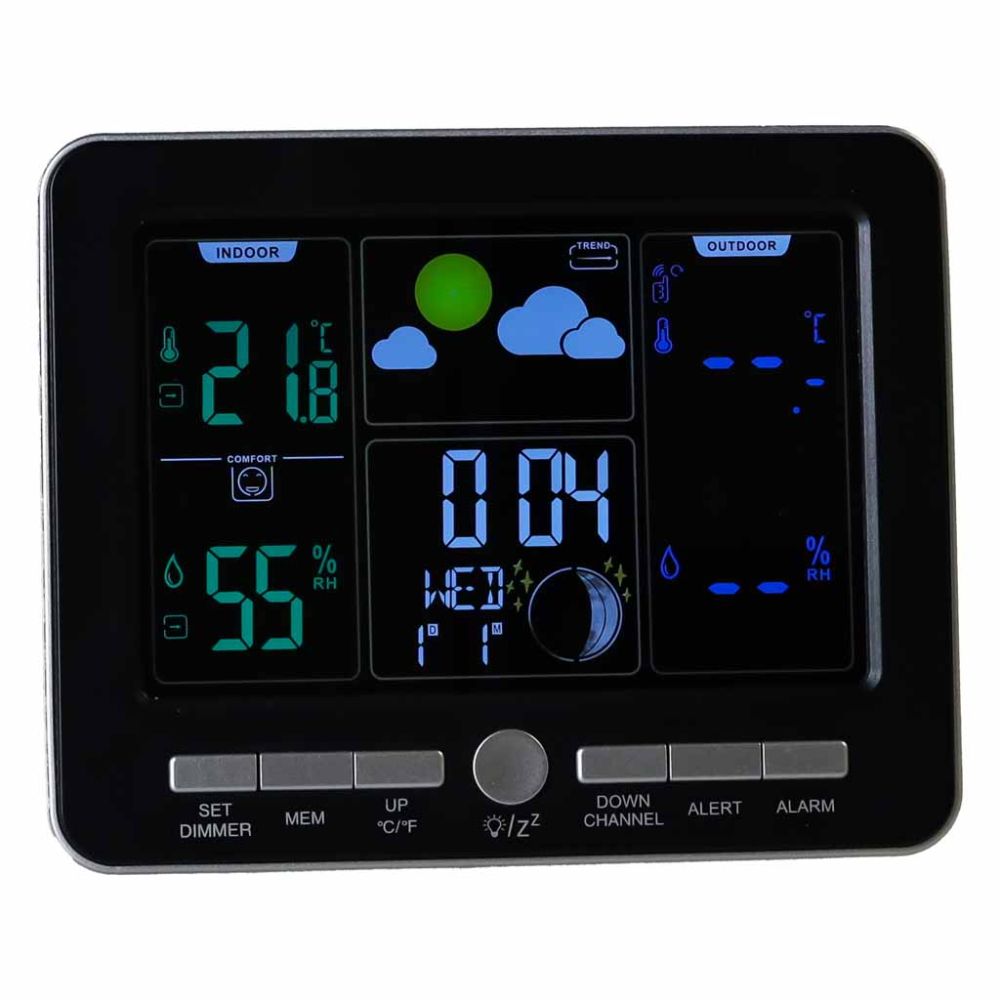 Meteorologinė stotelė, termometras, higrometras, laikrodis, žadintuvas, USB