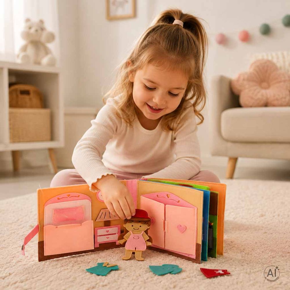 Sensorinė edukacinė 3D veltinio veiklos knyga su judančiomis dalimis „Namas“